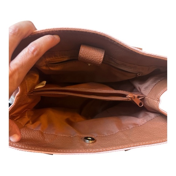 Vegan Leather Brown and Pink Structured Satchel with Double Handles - Picture 4 of 9